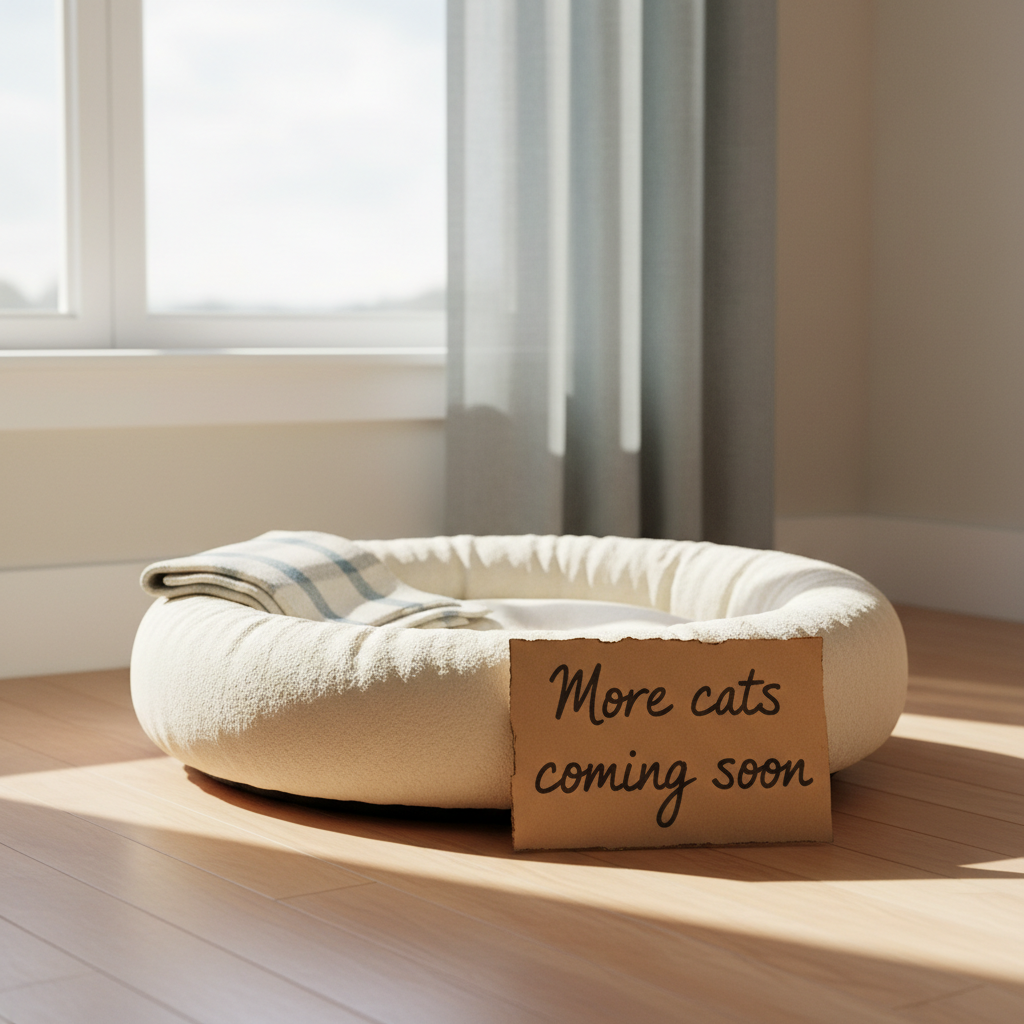 Empty cat bed beside a sunlit window